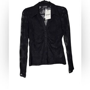 Desigual Sheer Lace Button Front Blouse Womens Medium Black Mesh Stretch Top NWT